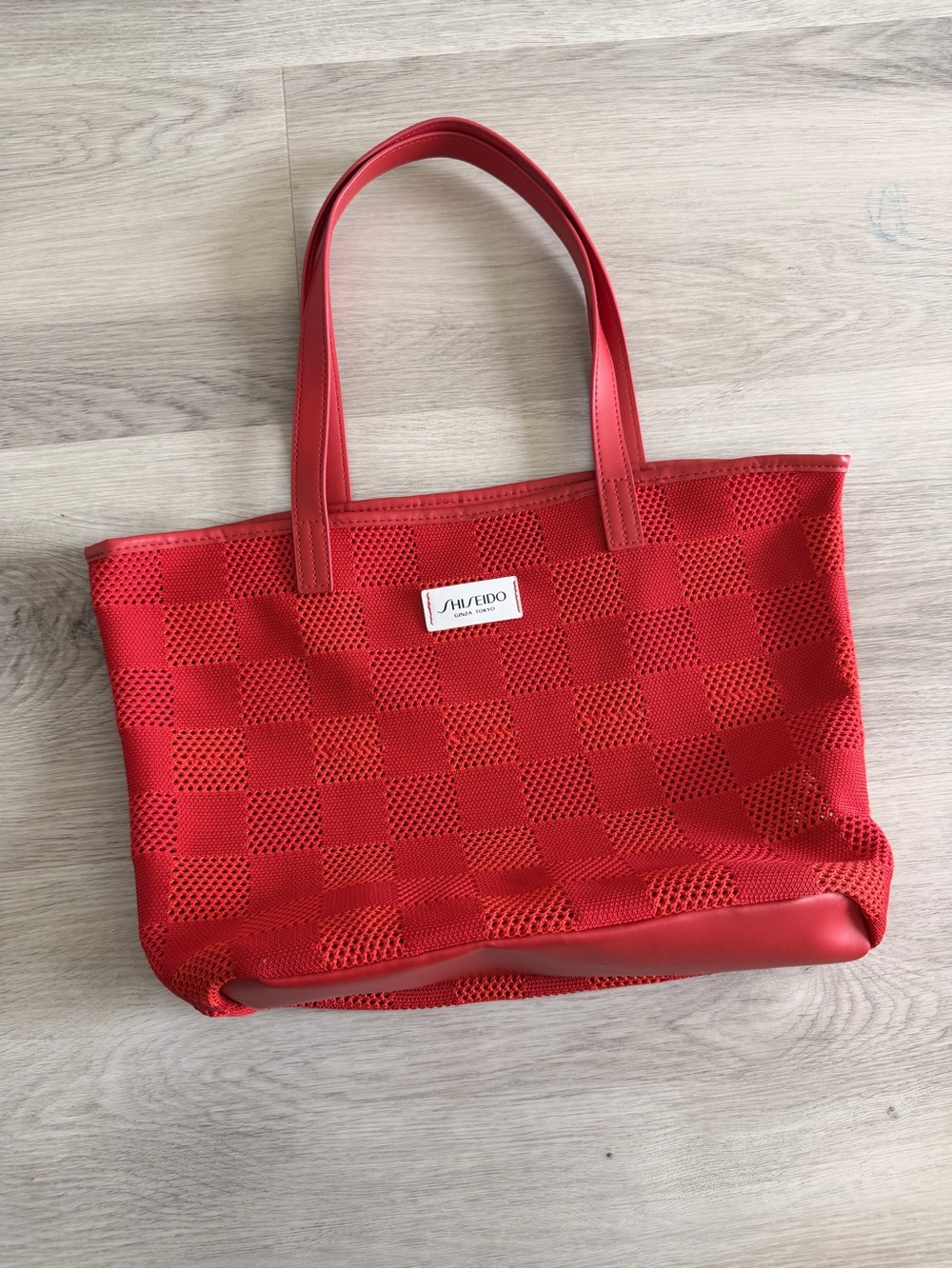 SHISEIDO Ginza Tokyo Red Checkerboard Mesh Tote Bag